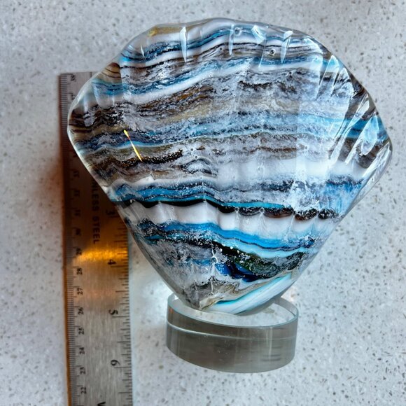 Handcrafted Blown Glass Shell Sculpture With Oceanic Swirls On Clear Base - Picture 7 of 7